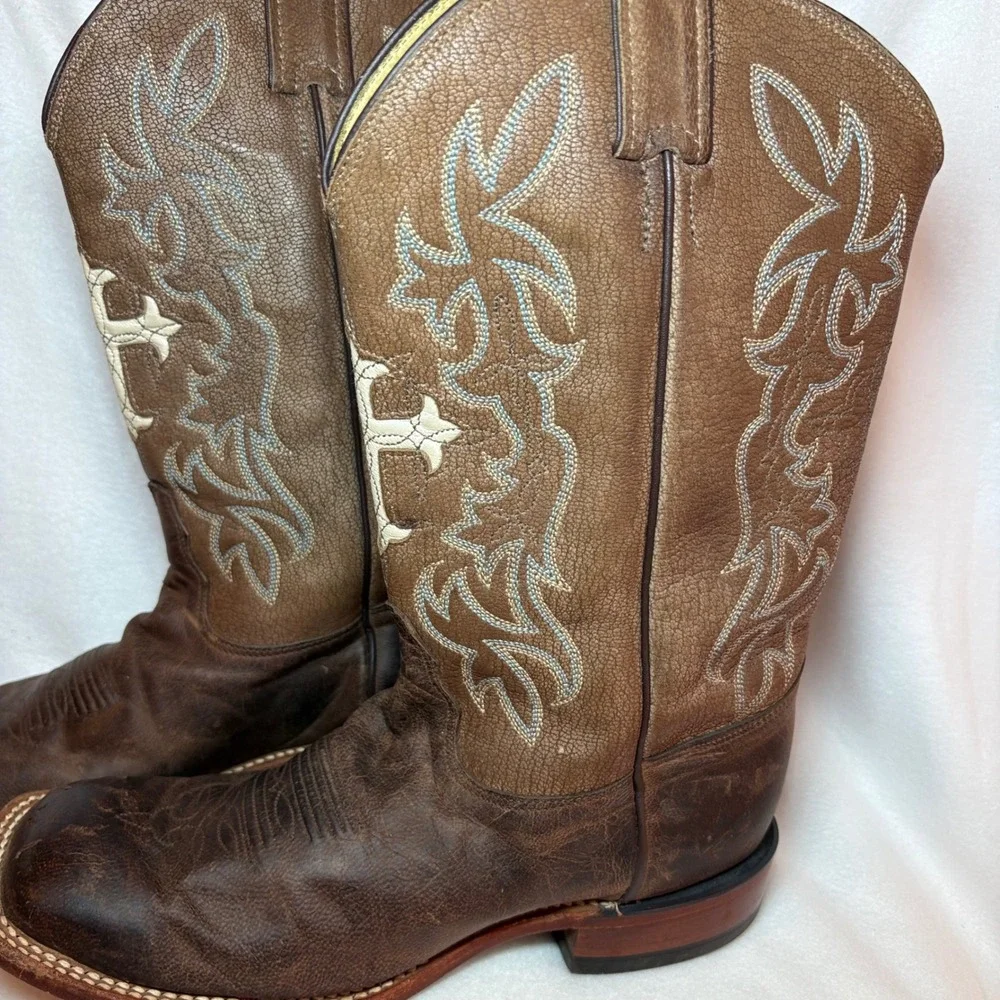Tony Lama Brown Leather Cross Square Toe Cowboy Boots TC1002L 8B